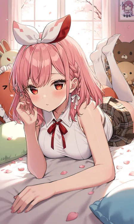 1girl, sensitive, solo, looking at viewer, shirt, skirt, red eyes, thighhighs, ribbon, tail, white shirt, pink hair, braid, hair ribbon, lying, virtual youtuber, indoors, white thighhighs, pillow, plaid, sleeveless shirt, petals, no shoes, plaid skirt, stuffed toy, stuffed animal, on stomach, the pose