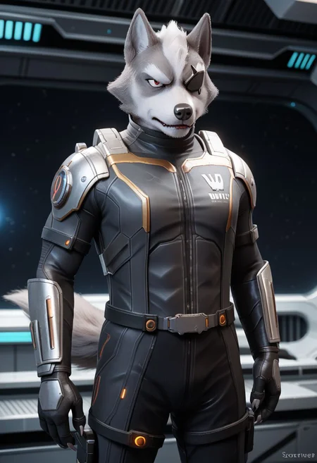 score_9, score_8_up, science fiction, exploration bodysuit, solo, Wolf o'donnell, in spaceship