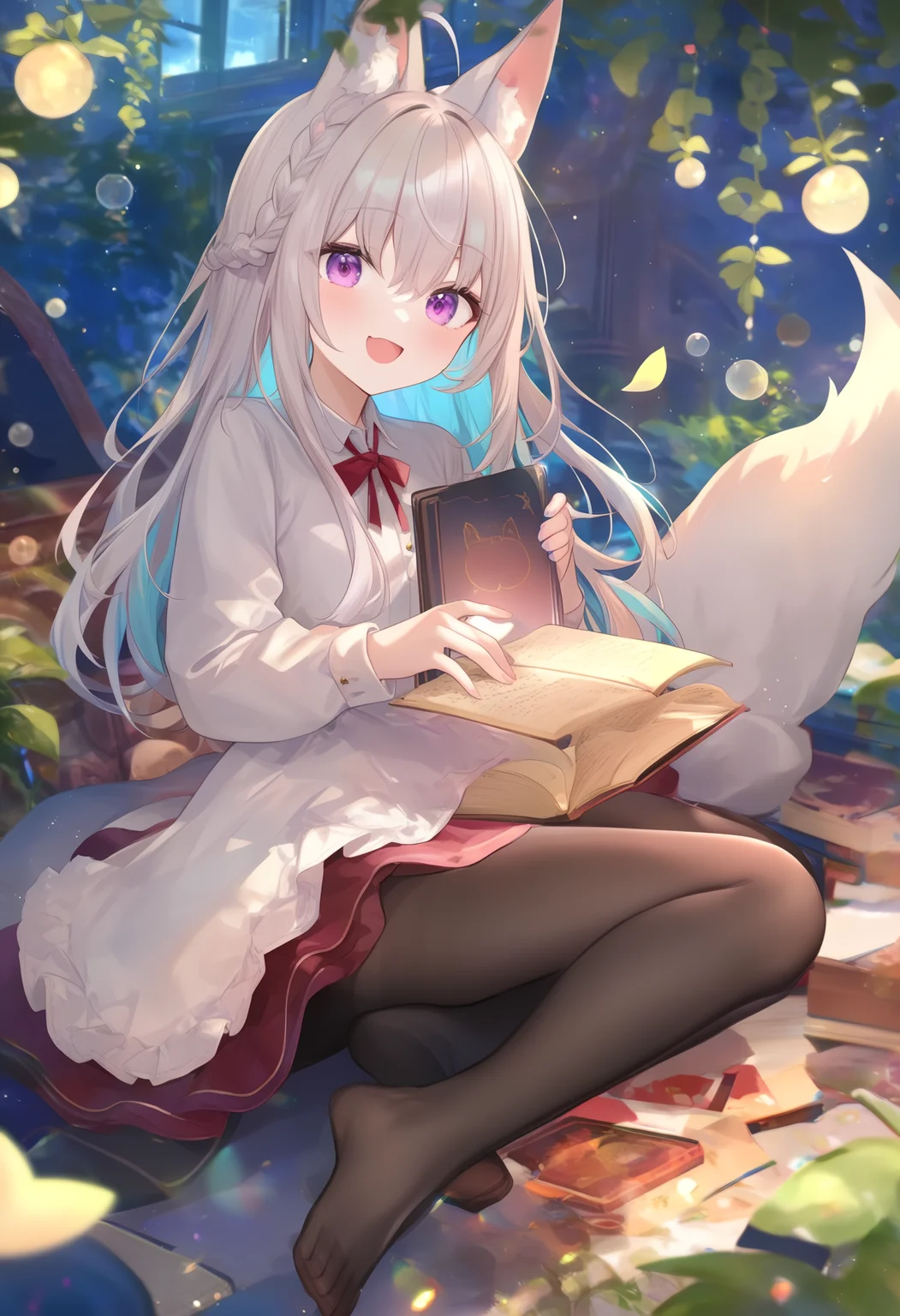 1girl,
hiten,
(azuuru:1.1), (torino aqua:1.2), (azuuru:1.1), kedama milk, fuzichoco, ask \(askzy\), chen bin, atdan, hito, mignon,
fox girl, crown braid, ahoge, animal ears, braid, pantyhose, tail, long sleeves, fox tail, open book, :d, long hair, holding book, sitting, fox ears, smile, virtual youtuber, book, crossover, black pantyhose, looking at viewer, open mouth, solo, purple eyes, skirt, white hair, full body, holding,
masterpiece, newest, absurdres, sensitive