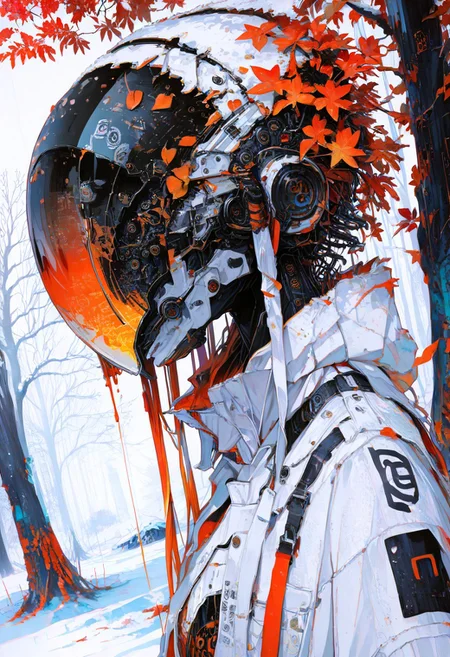 masterpiece, newest,absurdres,very awa,1girl, solo, cyborg,,reflection, visor, abstract, jacquard fabric, techwear, detailed helmet,mcnm, visor,closeup, intricate detail, melting,
BREAK
outdoors, trees, ferns, binary, snow, orange leaves, dutch angle, XUER guangying, r17329_illu, 4ki4k4ne_illu