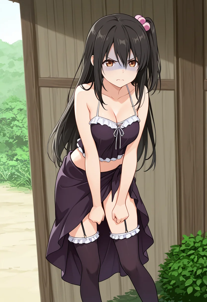 masterpiece,high quality details,
outdoors,
<lora:Adachi_Tenka:0.8> tenka_cnr, 1girl, black hair, long hair,brown eyes,hair between eyes, one side up, (aged up:1.2), turn pale,angry,, peacoat ,sarong,stockings, ,frilled legwear socks,