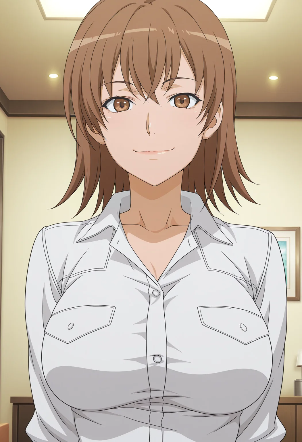 1girl,solo,mm,mature female,short hair,brown hair,brown eyes,large breasts,anime coloring,
white shirt,upper body, looking at viewer, smile, indoors,
,masterpiece,best quality,amazing quality,<lora:Misuzu_Misaka-Toaru_Majutsu_no_Index:0.8>