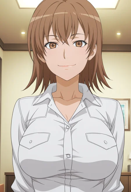 1girl,solo,mm,mature female,short hair,brown hair,brown eyes,large breasts,anime coloring,
white shirt,upper body, looking at viewer, smile, indoors,
,masterpiece,best quality,amazing quality,<lora:Misuzu_Misaka-Toaru_Majutsu_no_Index:0.8>
