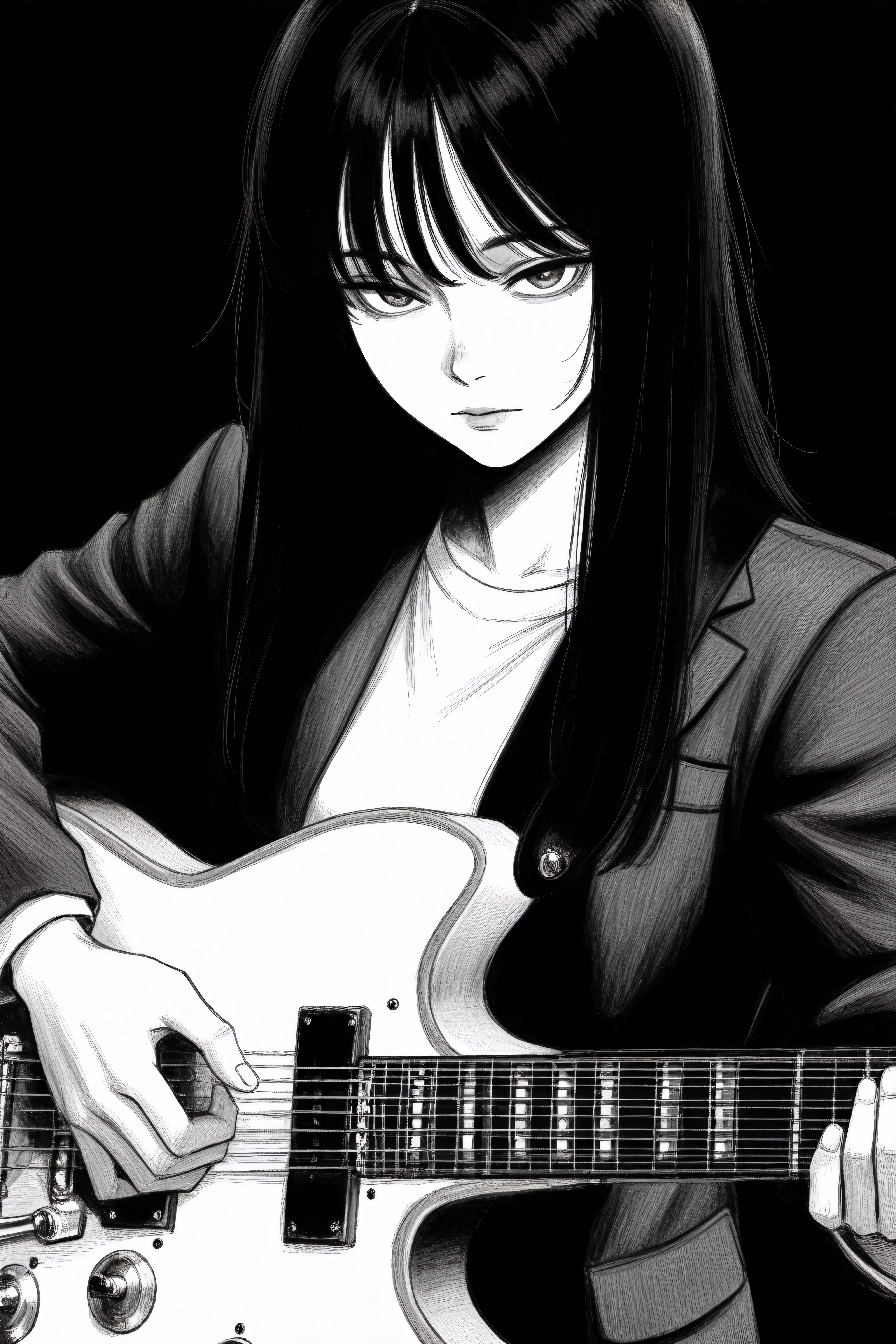 (masterpiece,best quality),<lora:tp1p1ptStyle-Illustrious-lora-Faxtron:0.7> tp_p_pt, monochrome, greyscale, original, highres, 1girl, black_background, black_hair, blazer guitar, holding, holding_instrument, instrument, jacket, long_hair, looking_at_viewer, music, neck, playing_instrument, shirt, solo, upper_body, white_shirt