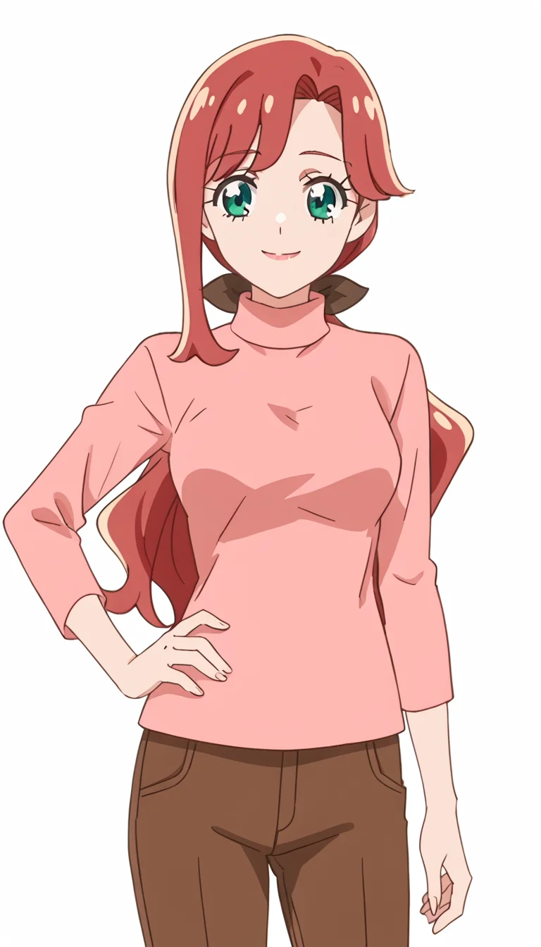 inukaiyouko,long hair,red hair,hair bow,green eyes,low ponytail,solo,anime screencap,score_9,simple background,pants,shirt,<lora:Inukai_Youko:0.8>,smile,looking at viewer,medium breasts,mature female,hand on own hip,