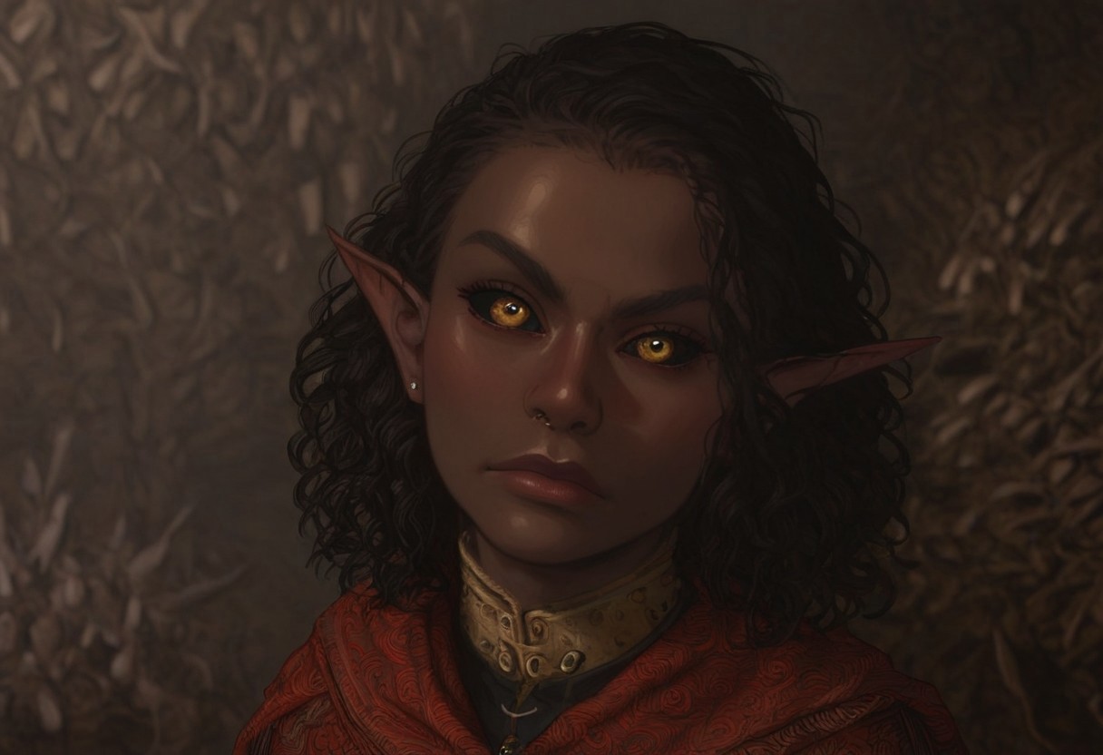 safe_pos, solo, short pointy ears, piercings, nord woman, random elf face, aquiline features, dark elf, weathered skin, large nose, animated realism, zoomed out, Syrian features, torso, subterranean, glowing mushrooms, mushroom forest, cave enviroment, large cavern, gloomy lighting, ancient ruins, interior, dark soil floor ,grey-blue skin, scarlet and gold clothes, medium armor, bone plate armor, ivory straps and fittings, grey wood neckguard, dark red sclera, black pupils, distant mushroom forest, blue-green light, neon, highly detailed, defined features, looking at viewer, three quarters view, from above, dynamic lighting, 36 years old, light and shadows, patterned cloth, determined expression, expressive eyes, detailed medieval clothes, medium_breasts, medium hair, wavy hair, thick hair, beaded hair, braided hair, under cut hair, semirealistic, alien elf, spanish features, jewish features, black hair, dark red hair, umber skin, sharp features, red persian print cloak, nighttime, high detail, absurdres, pretty eyes, detailed eyes, yellow eyes,