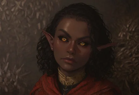 safe_pos, solo, short pointy ears, piercings, nord woman, random elf face, aquiline features, dark elf, weathered skin, large nose, animated realism, zoomed out, Syrian features, torso, subterranean, glowing mushrooms, mushroom forest, cave enviroment, large cavern, gloomy lighting, ancient ruins, interior, dark soil floor ,grey-blue skin, scarlet and gold clothes, medium armor, bone plate armor, ivory straps and fittings, grey wood neckguard, dark red sclera, black pupils, distant mushroom forest, blue-green light, neon, highly detailed, defined features, looking at viewer, three quarters view, from above, dynamic lighting, 36 years old, light and shadows, patterned cloth, determined expression, expressive eyes, detailed medieval clothes, medium_breasts, medium hair, wavy hair, thick hair, beaded hair, braided hair, under cut hair, semirealistic, alien elf, spanish features, jewish features, black hair, dark red hair, umber skin, sharp features, red persian print cloak, nighttime, high detail, absurdres, pretty eyes, detailed eyes, yellow eyes,