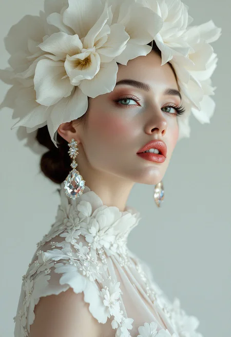 Parameters: 8k, hyper-realistic, cinematic quality, photorealistic, HDR, high-fashion editorial photography, sharp detail, minimalist composition, vibrant tones, matte finish.
Subject: Minimalist Grace, a stunning female model with flawless porcelain skin and a poised expression. She wears a couture headpiece crafted from delicate white fabric petals that cascade seamlessly into her high-neck floral gown. Her look is elevated by statement drop earrings featuring large faceted gemstones that catch the light. Her makeup is refined, with soft blush tones, bold lashes, and glossy coral lips, exuding elegance and sophistication.
Instructions: Capture a close-up editorial portrait in a minimalist studio setting with a clean white background to enhance the monochromatic floral textures. Use soft, diffused lighting to highlight the intricate details of the headpiece, the luminous gemstone earrings, and the model’s radiant complexion. The composition should emphasize the interplay of textures and the model's graceful yet striking presence.
Style Reference: Inspired by Vogue Brasil covers, blending haute couture design with minimalist aesthetics. The look combines avant-garde artistry with timeless beauty for a bold yet delicate visual statement.
Camera Settings: Canon EOS R5, 85mm f/1.8 lens, ISO 100, f/2.8 aperture, 1/200 shutter speed. Use softbox lighting to create even illumination and subtle highlights, ensuring a polished, high-fashion result.