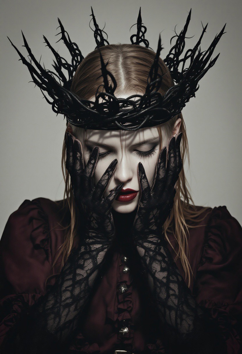 The image is a digital artwork featuring a dramatic, gothic-inspired scene. The subject is a person with a pale, possibly androgynous face, adorned with a striking, ornate, black crown made of twisted, spiky metal pieces. The crown appears heavy and menacing, casting intricate shadows on the subject's face and hands. The person's hair is light brown, wet and slicked back, suggesting a recent shower or rain.
Their eyes are closed, and they are covering their face with their hands, which are clad in long, black, lace gloves that extend to their elbows. The gloves have intricate, almost ethereal patterns, adding to the gothic aesthetic. The subject's lips are painted a deep, dark red, enhancing the dramatic, almost morbid appearance.
They wear a deep maroon, long-sleeved shirt with a high, ruffled collar, cinched at the waist with a small, ornate buckle.
