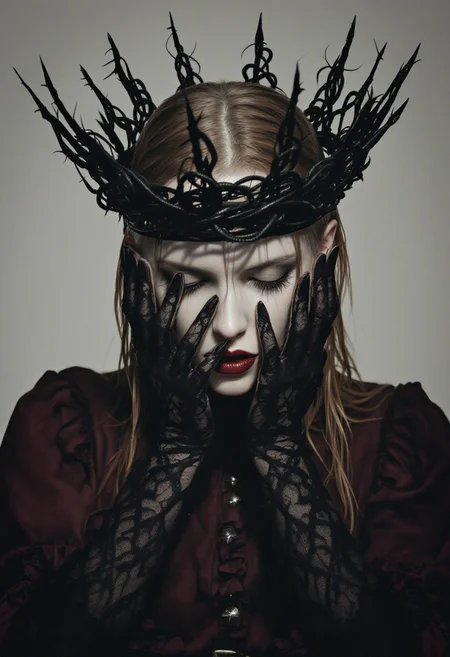 The image is a digital artwork featuring a dramatic, gothic-inspired scene. The subject is a person with a pale, possibly androgynous face, adorned with a striking, ornate, black crown made of twisted, spiky metal pieces. The crown appears heavy and menacing, casting intricate shadows on the subject's face and hands. The person's hair is light brown, wet and slicked back, suggesting a recent shower or rain.
Their eyes are closed, and they are covering their face with their hands, which are clad in long, black, lace gloves that extend to their elbows. The gloves have intricate, almost ethereal patterns, adding to the gothic aesthetic. The subject's lips are painted a deep, dark red, enhancing the dramatic, almost morbid appearance.
They wear a deep maroon, long-sleeved shirt with a high, ruffled collar, cinched at the waist with a small, ornate buckle.