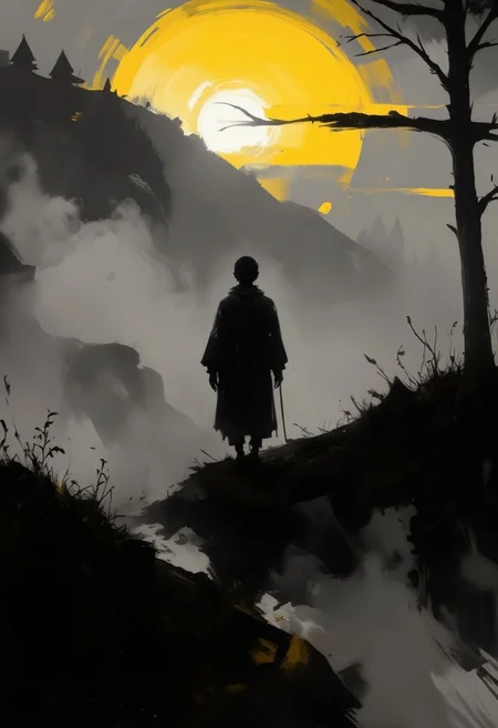 aidmaimageupgrader, monki, hill, back view stave, shadow, silhouette, black and white, monochrome, yellow accents, dramatic lighting, atmospheric, foggy background, japanese culture, minimalist, moody, contrast, sunset glow, isolated figure, reflective pose,pscho_4rt