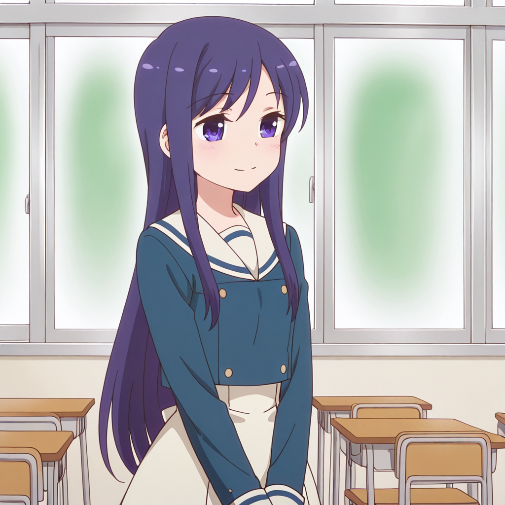 nsfw, masterpiece,best quality,amazing quality,1girl, solo,anima_yell_hizume_arima, long hair, school uniform,  blue hair, skirt,serafuku, indoors, purple hair, smile, classroom,  <lora:Hizume_Arima_-_Anima_Yell:0.7>