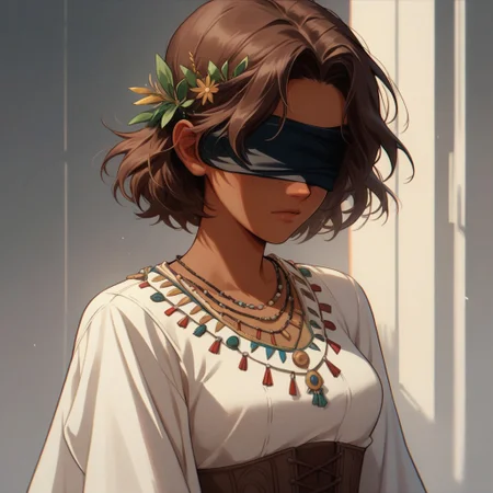 Score_9, Score_8_up, Score_7_up, (masterpiece), best quality, perfect face, perfect anatomy, anime girl, slim, medium breasts, hourglass shape, brown hair, short hair, dark skin and freckles, beautiful and trained bodysuit, white sleeveless shirt, brown corset that highlights her breasts and small waist, loose pants with openings on the sides, without shoes and with long black gloves that reach to her elbows, hippie aura, peaceful , blindfolded <lora: Concept_Masked_Lady:0.7>,
