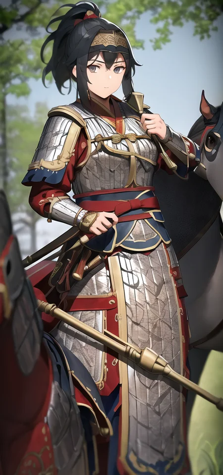 scale armor, wh chi armor, (masterpiece:1.1025), (best quality:1.05), (an extremely delicate and beautiful:1.05), (extremely detailed CG unity 8k wallpaper:1.05), (absurdres:1.05), (ultra-detailed:1.05), (1girl:1.1), cowboy shot, (holding polearm:1.2), (spear:1.1), (fighting stance:1.3), hanfu, looking at viewer, serious, detailed black hair, ponytail, bangs, detailed black eyes, armored headband, armored dress, armored gloves, gorget, flames of war, detailed background, depth of field, outdoors, gold trim, red trim, (eastern dragon pattern), shiny skin, delicate pattern, intricate detail<hypernet:anime:1>