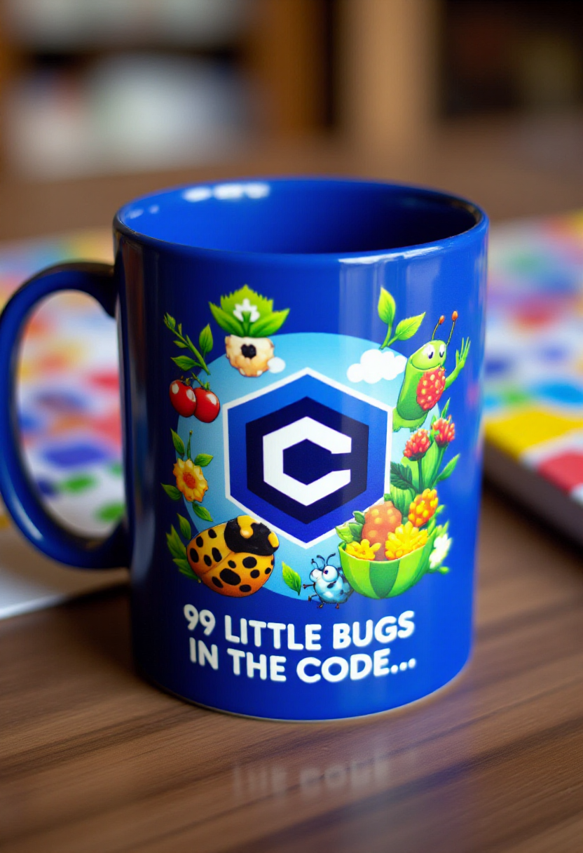 <lora:Mug_Maker_FLUX:0.9> <lora:civitaiLogoFlux:1>
The image is a photograph of a blue ceramic coffee mug prominently featuring a vibrant, colorful illustration including civitaiLogo on its side. Text on mug: "99 little bugs in the code..."