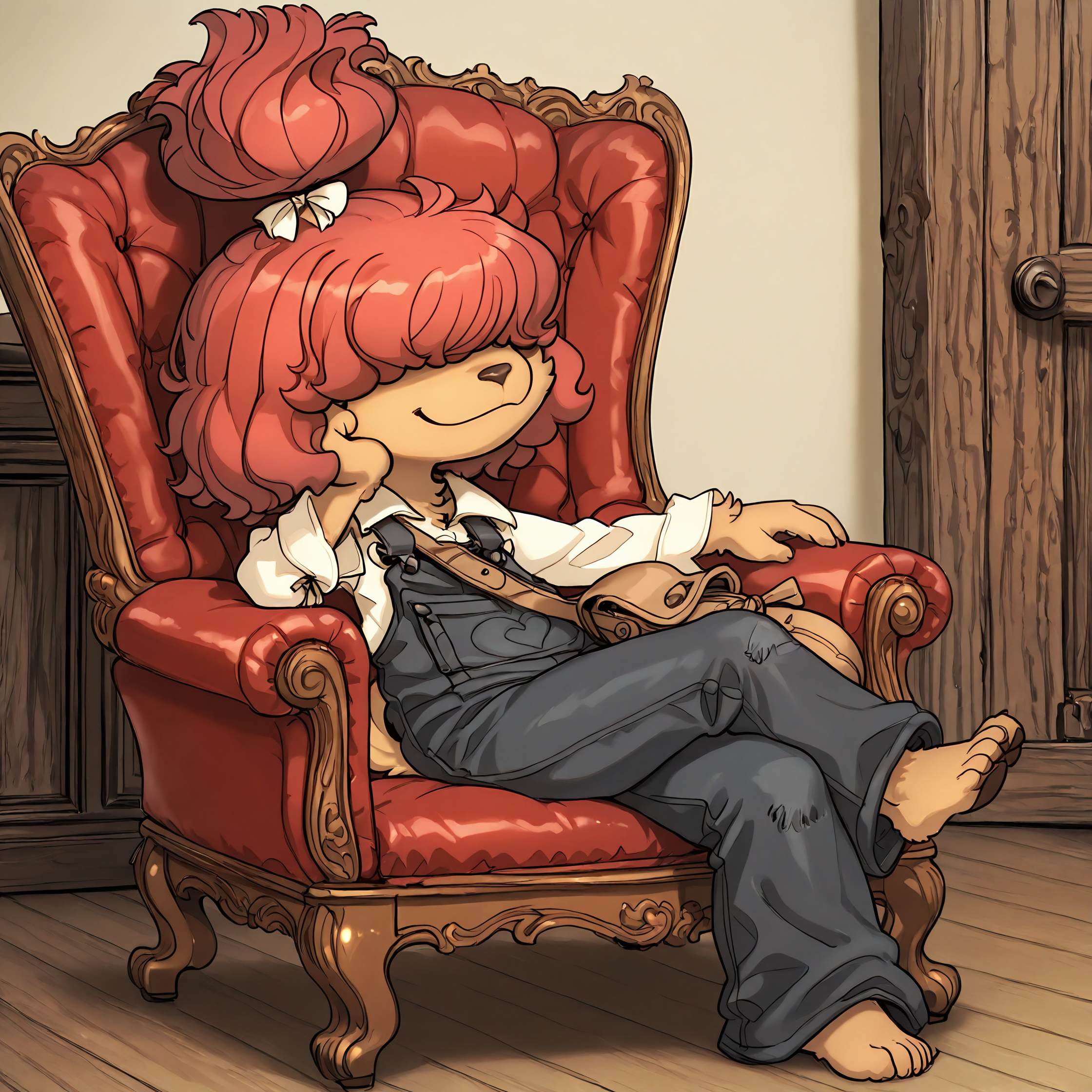 BREAK, <lora:Wappa_Charlotte:1>, Wappa Charlotte, Fuga: Melodies of Steel, kemono, furry female, young female, 1girl, dog girl, tan fur, (hair over eyes), red hair, bangs, dog tail, Fuga 1 appearance, topknot, ponytail, hair bow,
BREAK, Fuga 1 Outfit, barefoot, baggy overalls, white blouse, long sleeves, brown satchel, shoulder bag,
BREAK, solo, full body, sitting, fancy chair, inside, legs crossed, head on hand, smirk, looking at viewer,