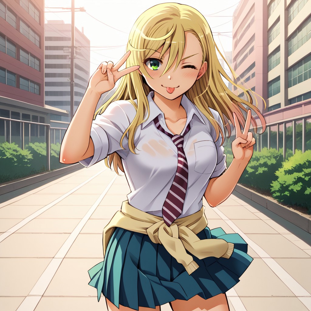 score_9, break, solo, Hanako_Kuzuryuu, blonde hair, green eyes, necktie, skirt, school uniform, outdoors, city, natural lighting, one eye closed, tongue, v, seductive