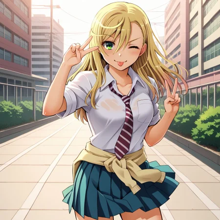 score_9, break, solo, Hanako_Kuzuryuu, blonde hair, green eyes, necktie, skirt, school uniform, outdoors, city, natural lighting, one eye closed, tongue, v, seductive