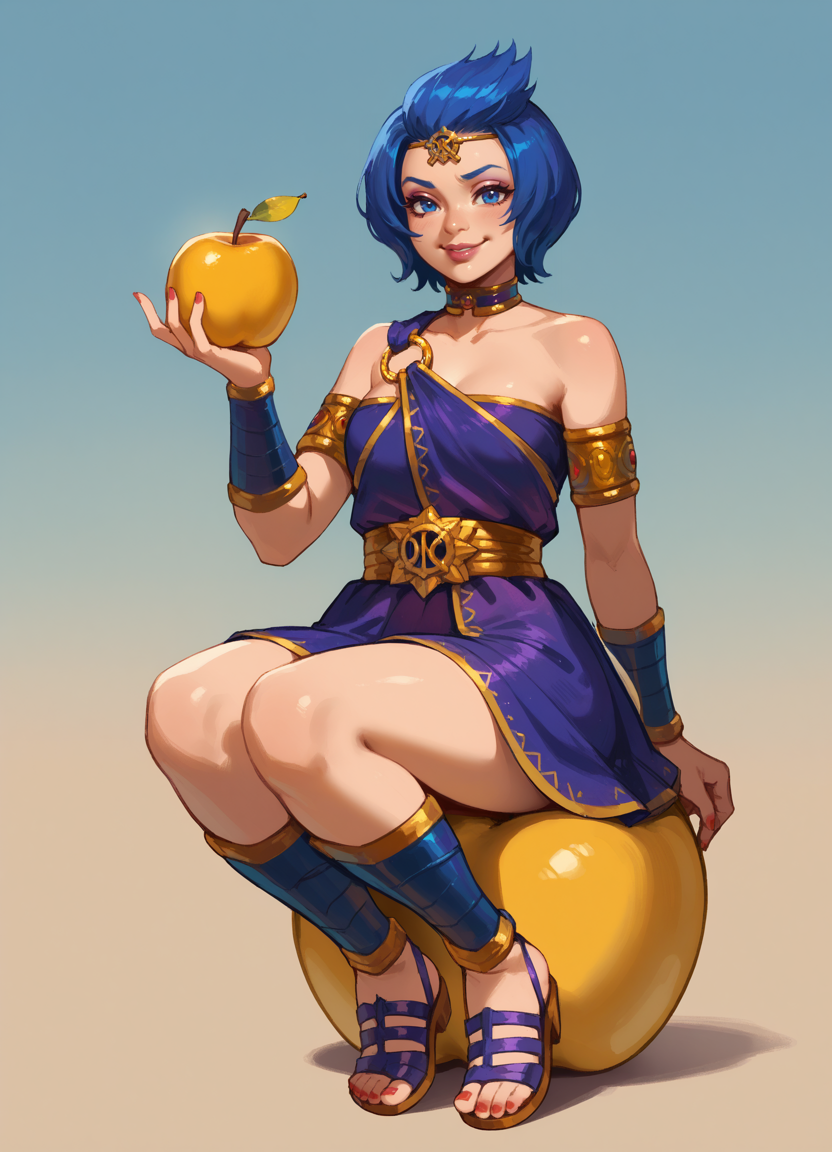 score_9, score8_up, giant golden apple, simple background, 1girl, DisSmi, solo, blue hair, short hair, bare shoulders, blue eyes, red nails, pink lips, toenails,
o-ring dress, choker, armlet, purple dress, gladiator sandals, smug, teasing,
smirk, golden apple, sitting, sitting on apple,
mini person, minigirl,
gradient sky,
zPDXL3, detailxl,
 <lora:Discordia_PDXL:1>