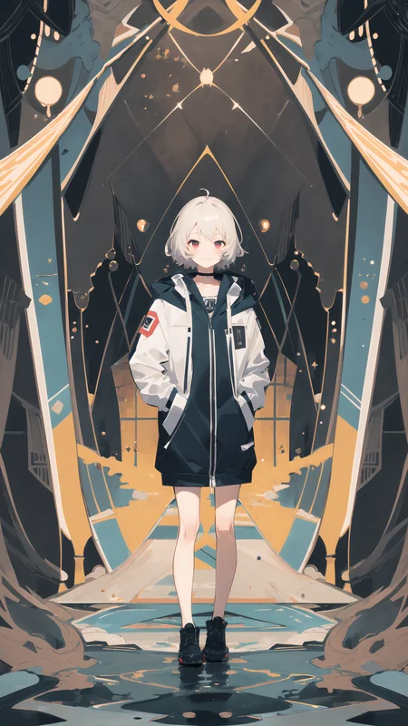 masterpiece, best quality, 1girl, solo, smile, from top, looking at viewer, ((perspective)), depth, hands in pockets, fisheye, night, cityscape, skyscraper, neon trim, scenery, <lora:animetarotV41:1>, argyle background