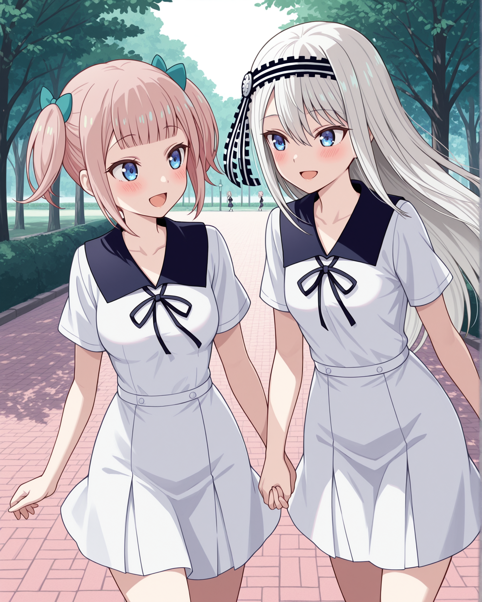 masterpiece, best quality, 2girls, fujiwara_moeha, shirogane kei, shuuchiin_academy_white_uniform, blue eyes, pink hair, white hair, short hair, long hair, blunt bangs, hair between eyes, hairband, twintails, open mouth, smile, blush, hair bow, ribbon, breasts, <lora:Fujiwara_Moeha_Kaguya-sama_Love_Is_War_Illustrious:1>, outdoors, walking, park, looking at another, short sleeves,