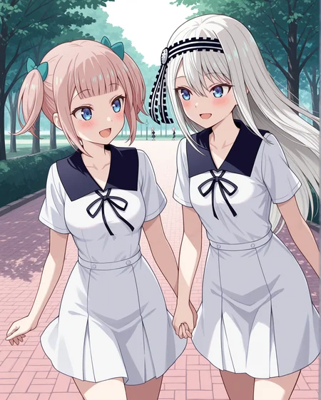 masterpiece, best quality, 2girls, fujiwara_moeha, shirogane kei, shuuchiin_academy_white_uniform, blue eyes, pink hair, white hair, short hair, long hair, blunt bangs, hair between eyes, hairband, twintails, open mouth, smile, blush, hair bow, ribbon, breasts, <lora:Fujiwara_Moeha_Kaguya-sama_Love_Is_War_Illustrious:1>, outdoors, walking, park, looking at another, short sleeves,