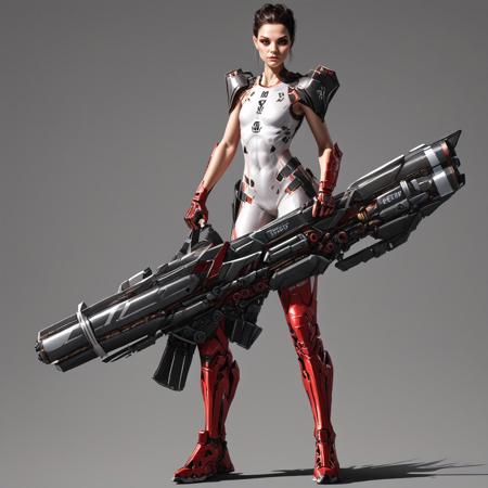 score_9, score_8_up, score_7_up, rating_safe, concept art, semi-realistic, 1girl, solo, Sci-fi.
Young beautiful face, fit body, 
HHWeapon, Holding weapon, Huge weapon,
Holding weapon with two hands.
Rotary Gun.
Simple background.