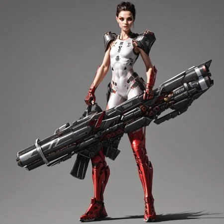 score_9, score_8_up, score_7_up, rating_safe, concept art, semi-realistic, 1girl, solo, Sci-fi.
Young beautiful face, fit body, 
HHWeapon, Holding weapon, Huge weapon,
Holding weapon with two hands.
Rotary Gun.
Simple background.