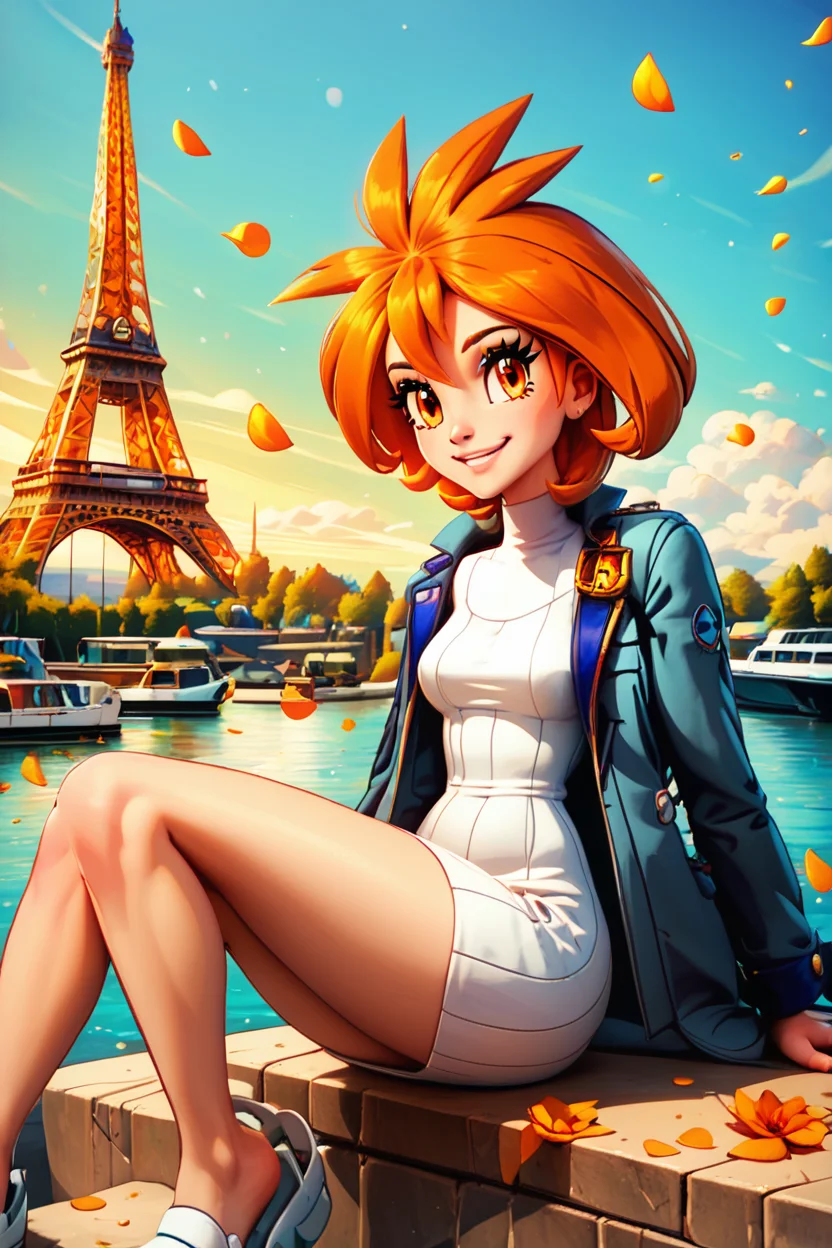score_9, score_8_up, score_8, medium breasts, (curvy), cute, eyelashes,       BREAK, , zzBrigette,  short hair, orange hair, orange eyes, white sweater dress, turtleneck, blue jacket,   <lora:Brigette_Pokemon_PDXL:0.7>, , BREAK,  zzEiffelTower in background, sitting, watercraft, boat, sitting on wall, side view, looking at viewer, smile,  BREAK, blooming stars, luminescent petals, otherworldly fragrance blurry background, embedding:zPDXL, Expressiveh, <lora:EiffelTowerPDXL:1.0>,  <lora:CatalystStylePDXL:0.6>,  <lora:SDXLFaeTastic2400:0.5>,  <lora:Expressive_H-000001:0.4>,
