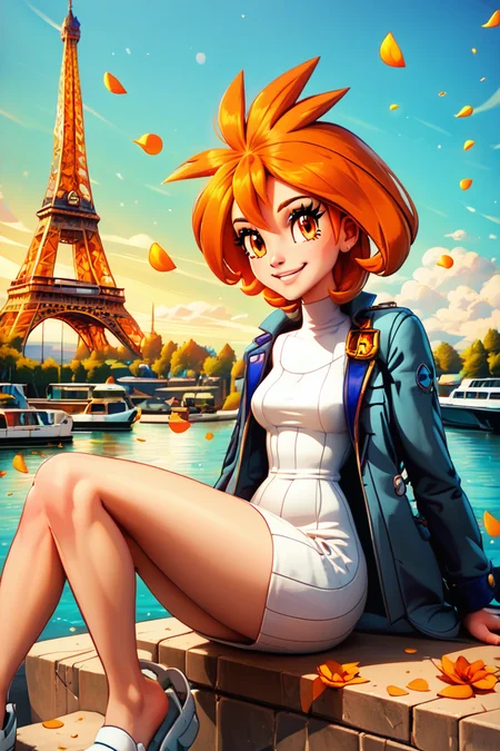 score_9, score_8_up, score_8, medium breasts, (curvy), cute, eyelashes, BREAK, , zzBrigette, short hair, orange hair, orange eyes, white sweater dress, turtleneck, blue jacket, <lora:Brigette_Pokemon_PDXL:0.7>, , BREAK, zzEiffelTower in background, sitting, watercraft, boat, sitting on wall, side view, looking at viewer, smile, BREAK, blooming stars, luminescent petals, otherworldly fragrance blurry background, embedding:zPDXL, Expressiveh, <lora:EiffelTowerPDXL:1.0>, <lora:CatalystStylePDXL:0.6>, <lora:SDXLFaeTastic2400:0.5>, <lora:Expressive_H-000001:0.4>,