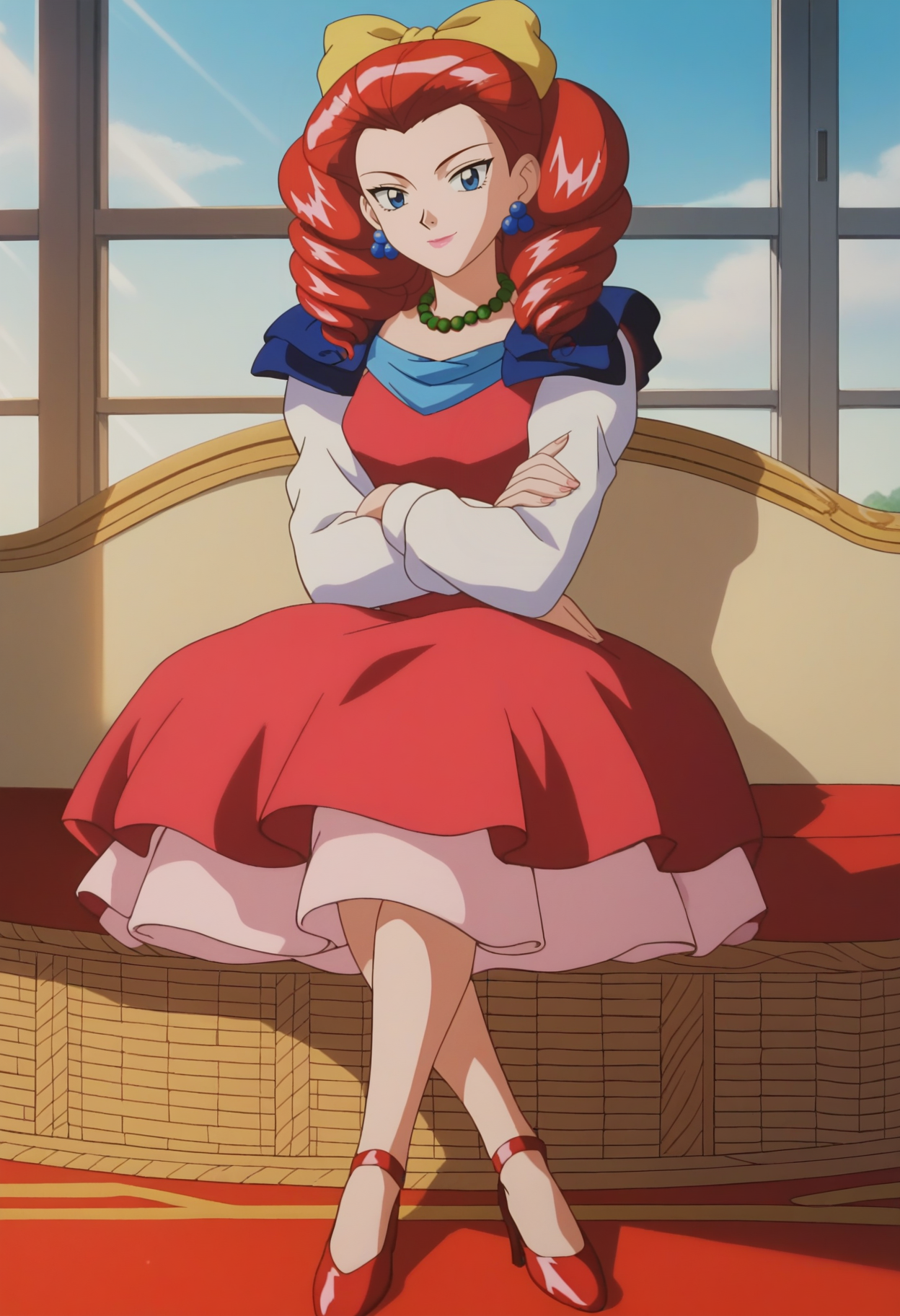 score_9, score_8_up, score_7_up, score_6_up, anime screencap, anime coloring, <lora:PMJessebelle_epoch_7:0.8>, PMJessebelle, blue eyes, red hair, drill hair, yellow bow, hair bow, earrings, lipstick, pink lips,
pearl necklace, red dress, shoulder pads, high heels, red footwear,
sitting, crossed arms, looking at viewer, seductive smile, crossed legs, 
BREAK day, sunlight, indoors, window,