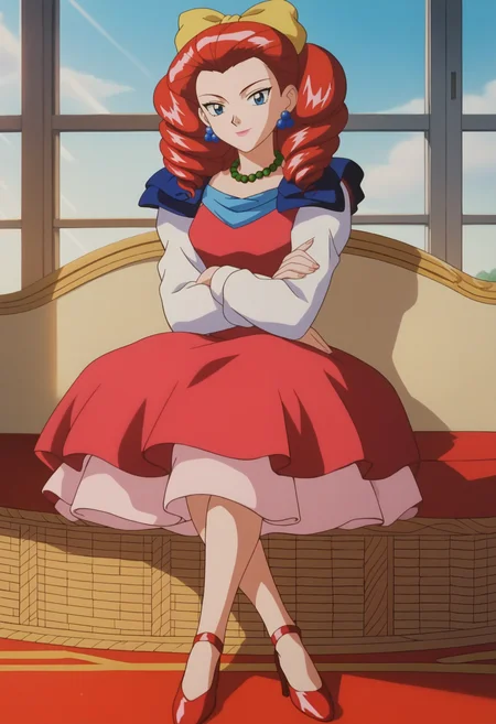 score_9, score_8_up, score_7_up, score_6_up, anime screencap, anime coloring, <lora:PMJessebelle_epoch_7:0.8>, PMJessebelle, blue eyes, red hair, drill hair, yellow bow, hair bow, earrings, lipstick, pink lips,
pearl necklace, red dress, shoulder pads, high heels, red footwear,
sitting, crossed arms, looking at viewer, seductive smile, crossed legs, 
BREAK day, sunlight, indoors, window,