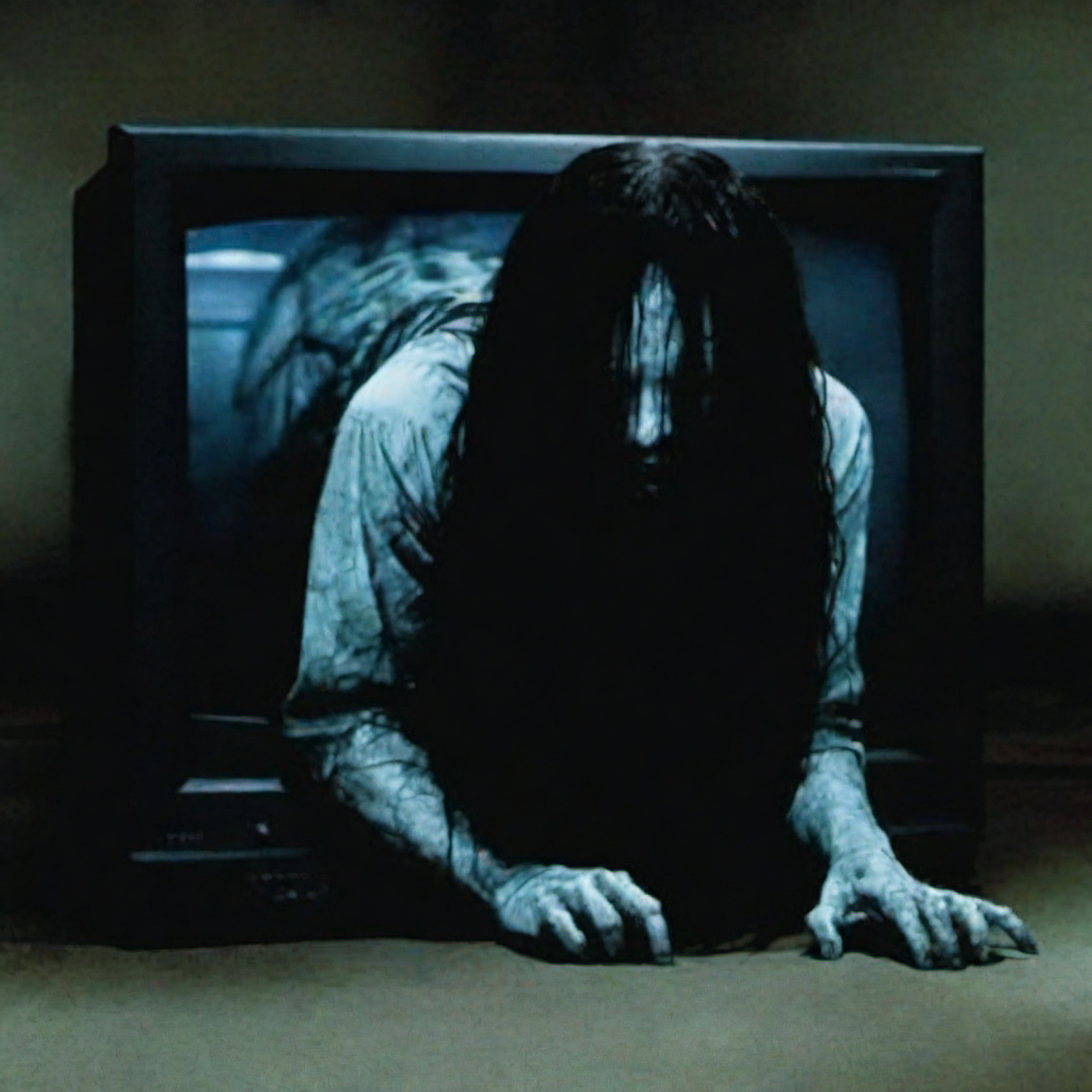 Horror-themed a creepy woman, hair hiding the face,  crawling out of a tv <lora:lcm_lora_sdxl:1> <lora:TheRing1024:0.85> . Eerie, unsettling, dark, spooky, suspenseful, grim, highly detailed