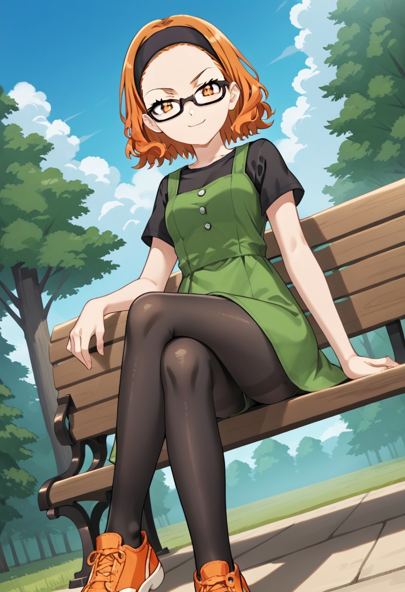 score_9, score_8, score_7, anime_screencap, anime_coloring, source_anime, high_res, Rating_safe
pkmnlanette, 1girl, orange hair, short hair, medium hair, black hairband, orange eyes, black-framed eyewear, glasses, black shirt, short sleeves, green dress, black pantyhose, orange footwear, sneakers
smug, sitting, crossed legs, outdoors, 1girl, bench, trees, sky, clouds, sun, looking at viewer, day, forest, cowboy shot, upper body focus, (Dutch angle:1.4)