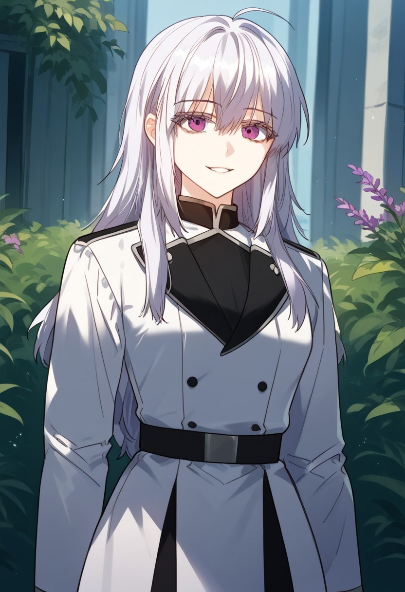 zPDXL3, score_9_up, score_8_up, score_7_up, (Anime_source), 1girl, RunnaanSullion, lavender eyes, white hair, long hair, RS Knight uniform, parted lips, smile, looking at viewer, cowboy shot, from front