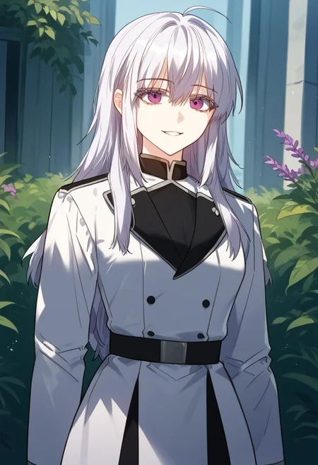 zPDXL3, score_9_up, score_8_up, score_7_up, (Anime_source), 1girl, RunnaanSullion, lavender eyes, white hair, long hair, RS Knight uniform, parted lips, smile, looking at viewer, cowboy shot, from front