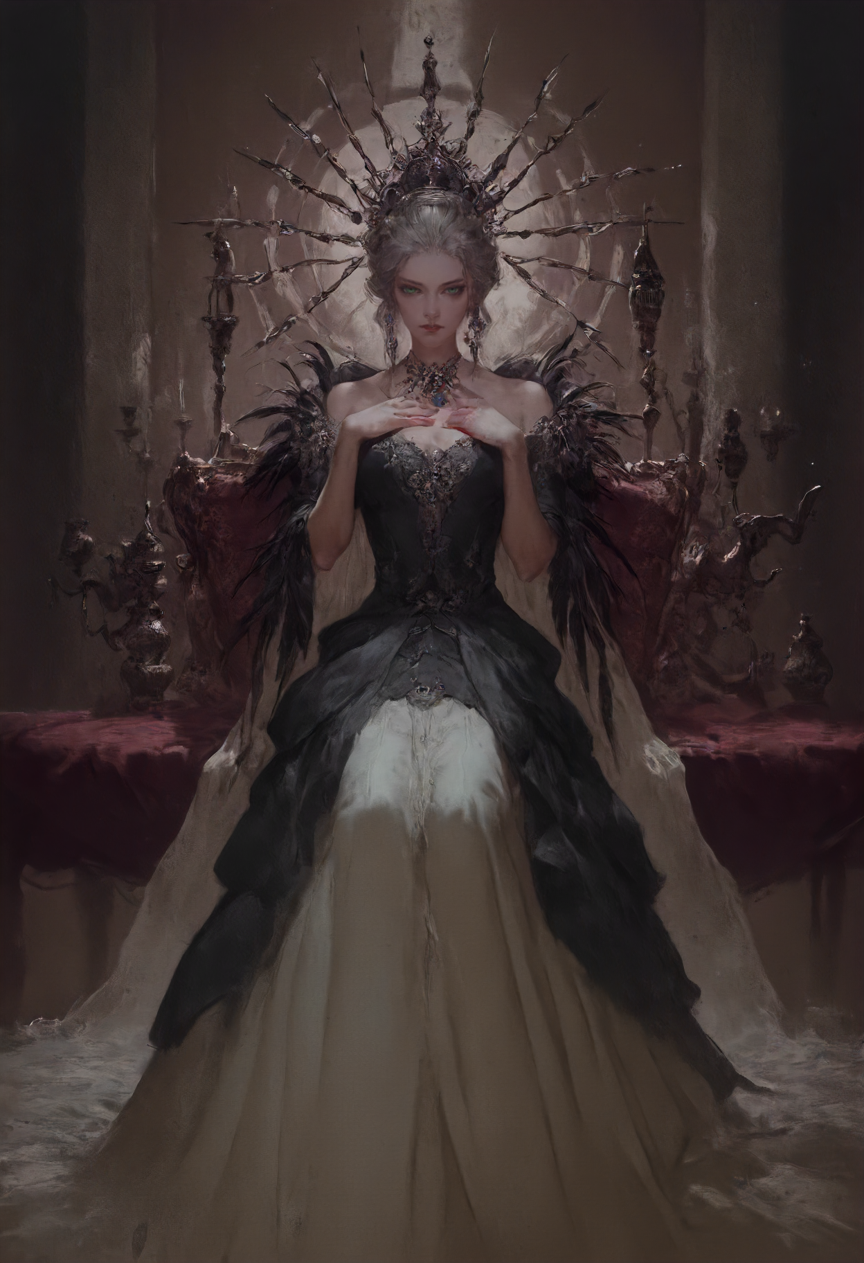 score_9, score_8_up, score_7_up, score_6_up, score_5_up, score_4_up, concept art, realistic, amano yoshitaka, a noblesse girl, gray hair, prefect face, green eyes, noble hat, feathers, aristocratic dress, long skirt, looking at viewer, palace interior
<lora:sinfully_stylish_SDKL:1> <lora:Concept Art Twilight Style SDXL_LoRA_Pony Diffusion V6 XL:0.8> <lora:amano_yoshitaka_style_pony:0.8>