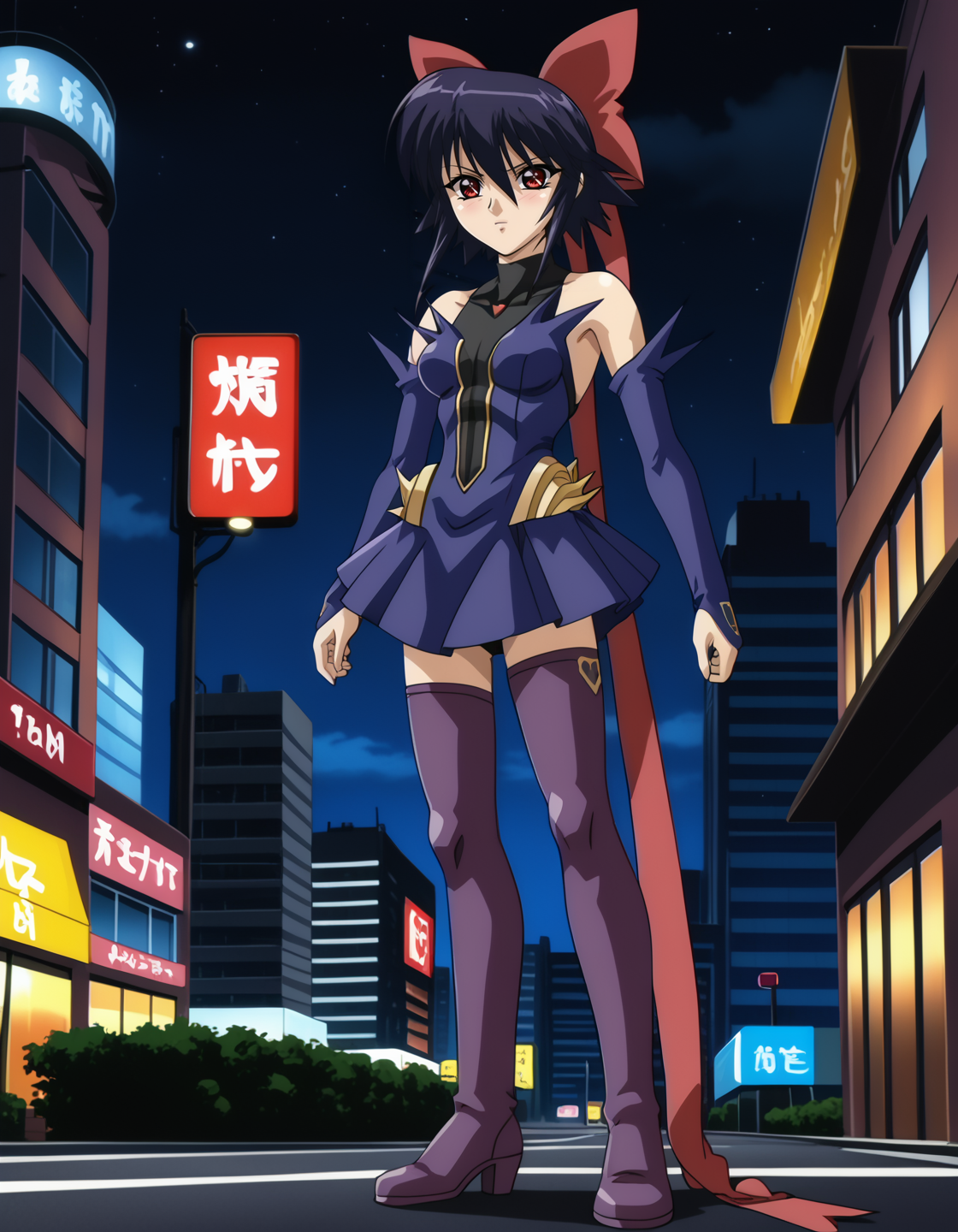 KaganoAi, 1girl, short hair, (sidelocks), red eyes, black hair, leotard, skirt, purple thighboots, hair bow, detached sleeves, hair ribbons, standing, on building, overlooking city, dusk, sundown    <lora:KaganoAi-prodigy-4-4-3:1>, solo
