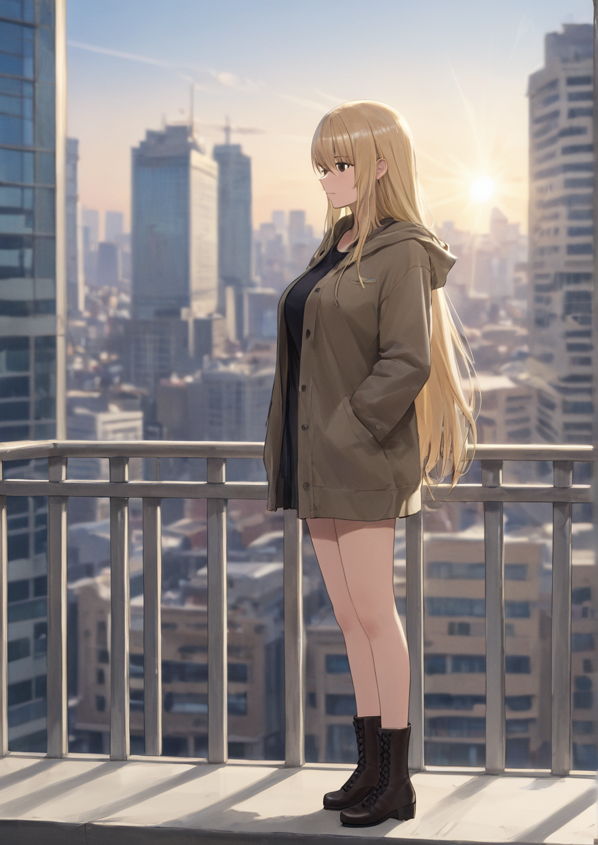 1girl, huge breast, blonde hair, blurry, boots, building, city, dark, depth of field, hood, light rays, long hair, looking afar, railing, rooftop, scenery, solo, sunlight, underground,  <lora:ããã³cosbi:0.8>