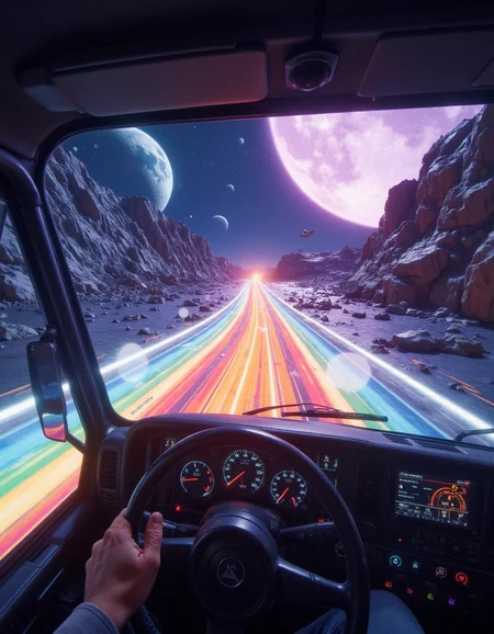 first person POV driving a truck on a rainbow glass road floating in outer space, <lora:first_person_pov_v1:1> first person pov