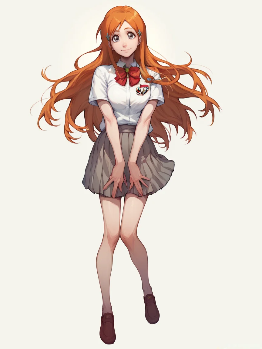 score_9, score_8_up, score_7_up, score_6_up, score_5_up, <lora:orihimeXLP:1> orihime, 1girl, long hair, solo, orange hair, hair ornament, school uniform, grey eyes, smile, full body,