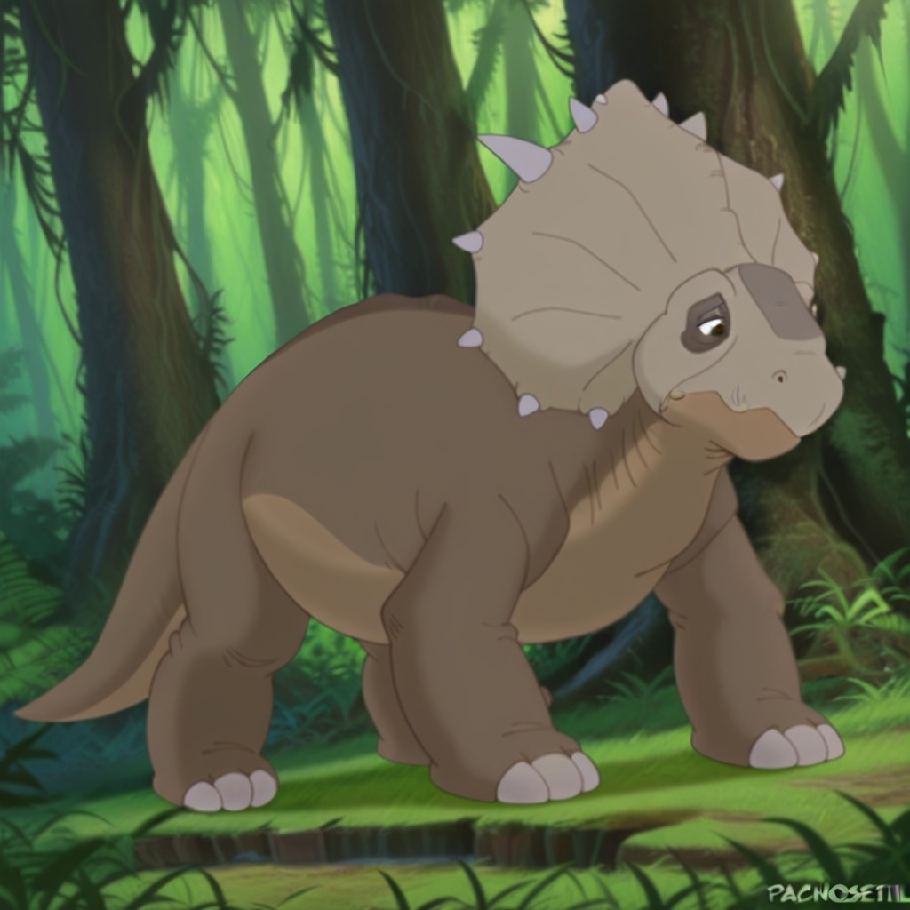 masterpiece, best quality, amazing quality, thicknoselbtil, feral, male, Pachyrhinosaurus, brown skin, brown eyes, crest with spikes, standing, in a forest, <lora:4f053bcd-c2d6-45bf-8215-e785eee572e9:0.9>