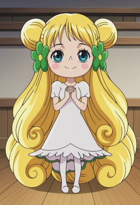 source_anime,anime screencap, anime coloring,intricate details,rating_safe, masterpiece, best quality,
(best quality, absurd res, ultra detailed),,(4 finger:0.5),1girl, ((solo)), good eyes,perfect eyes,,detailed eyes, zPDXLxxx , zPDXL3,detailed, detailed face
BREAK
solo,indoors,front view,
mansherry, fairy, blue eyes, blonde hair, long hair, double bun, white dress, white pantyhose, tail,
smile
, <lora:add-detail-xl:2> <lora:mansherry:0.8>