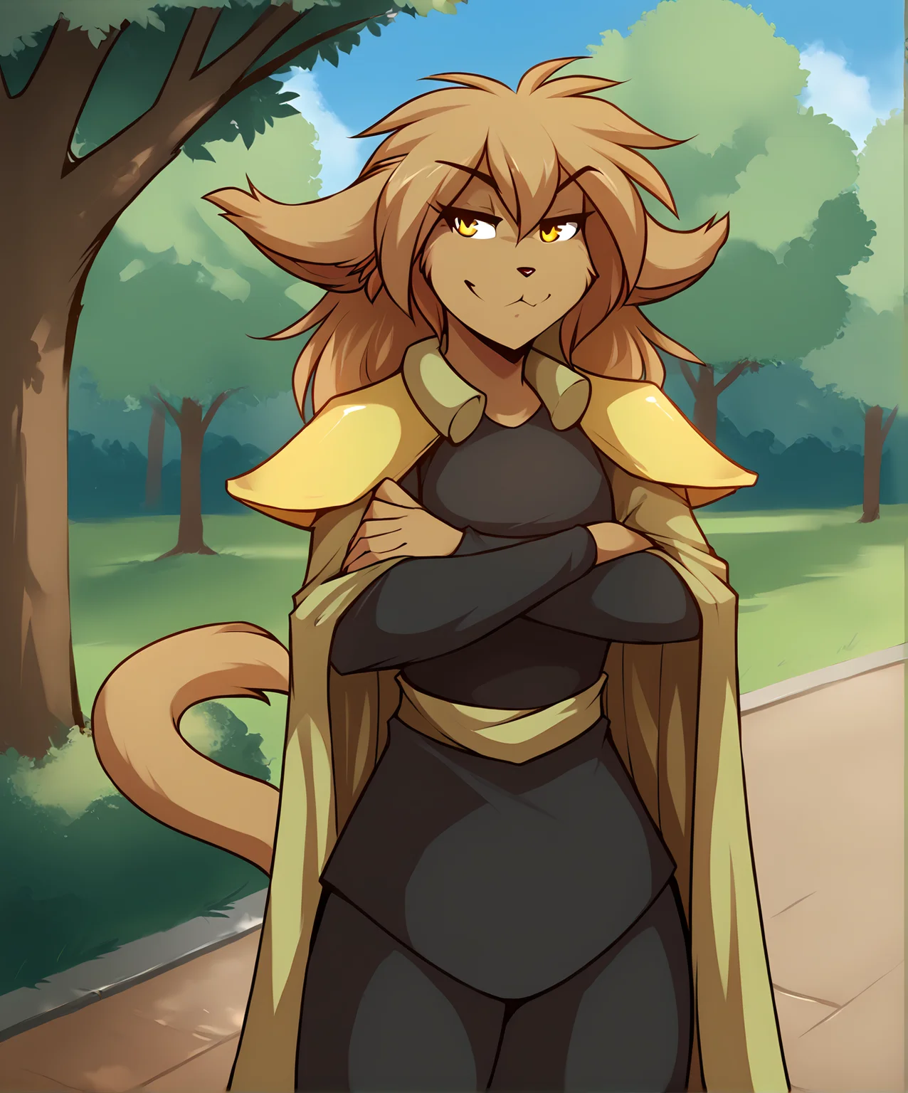 score_9, score_8_up, score_7_up,score_6_up,score_5_up, source_furry
BREAK
solo, furry female anthro, long hair, medium breasts, (seductive, smug), armor, pauldron, cape, crossed arms, wide hips, toeless legwear, (outdoors, park), upper body shot
BREAK
<lora:Madelyn-Adelaide-Twokinds-SDXL-AnonTK-V1:0.8>, madelyn-twokinds, basitin, mammal, feline tail, yellow eyes, by tom fischbach, <lora:PDXL_artist_tags_v2_big:1>