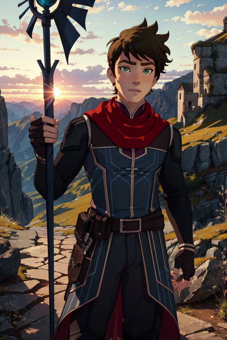 Callum, green eyes, (holding a magic staff, blue magic:1.2), (black fingerless-gloves), (man, boy, male), sun set, on a mountain, warm lighting, (realistic:1.2), (masterpiece:1.2), (full-body-shot:1.2),(cowboy-shot:1.2), dark romantic lighting, (highly detailed:1.2), (detailed face:1.2), (gradients), colorful, detailed eyes, (natural lighting:1.2), solo, <lora:add_detail:0.3> <lora:DragonPrince_CallumS4-10:0.8>  <lora:BeautifulEyes:0.3>