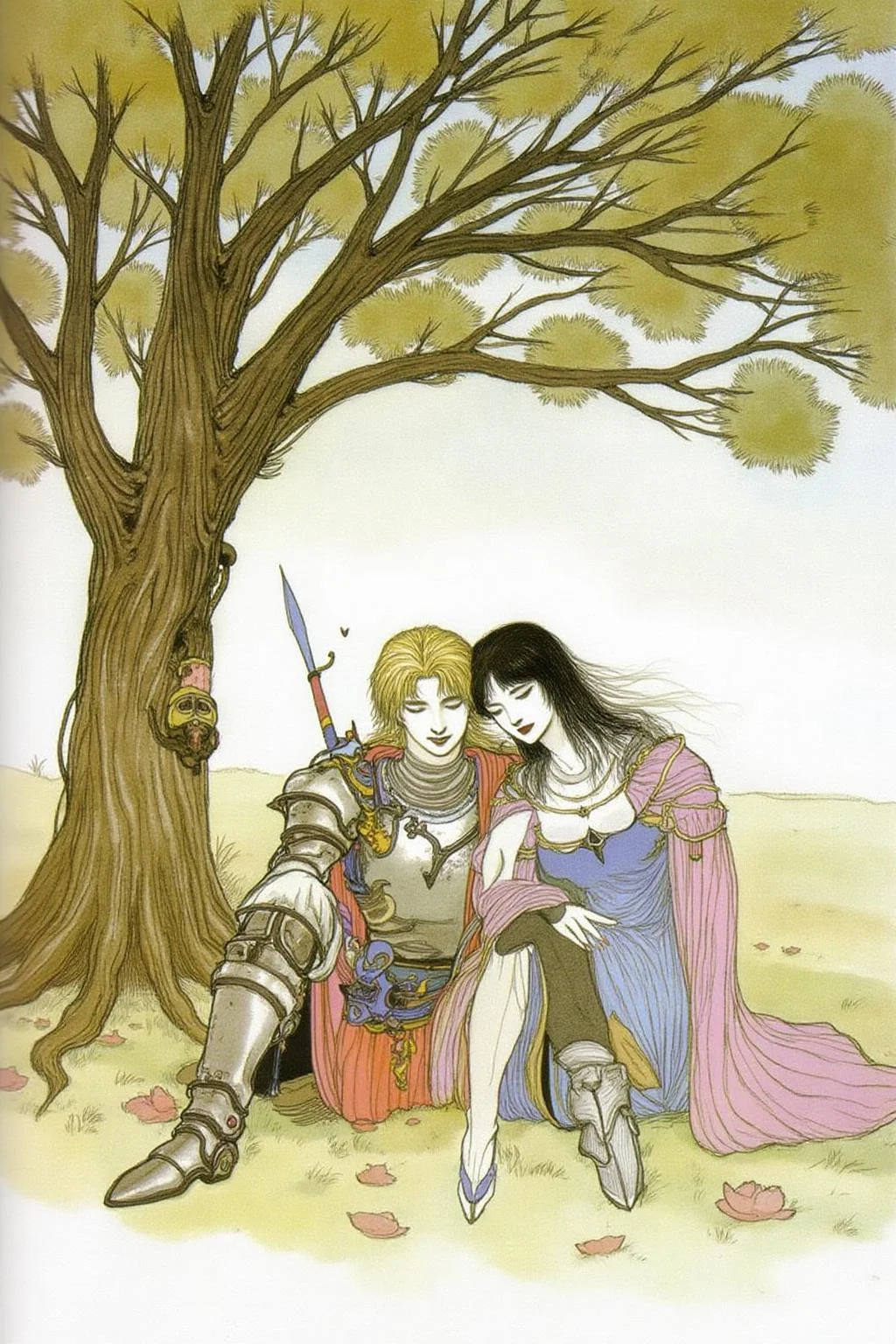 amayo illustration.
A blonde knight and a lady sitting under a tree. The lady has dark hair and is wearing a blue dress. The knight is sleeping with his head on the leg of the lady  <lora:amayo1_cap_d6a3e11:1.0><lora:827340022958240535:0>