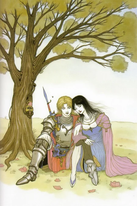 amayo illustration.
A blonde knight and a lady sitting under a tree. The lady has dark hair and is wearing a blue dress. The knight is sleeping with his head on the leg of the lady <lora:amayo1_cap_d6a3e11:1.0><lora:827340022958240535:0>