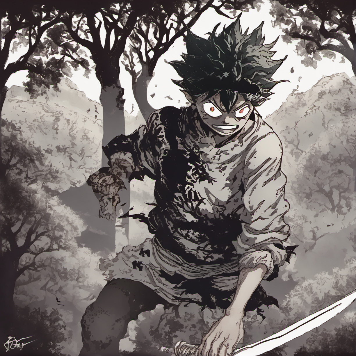 asta slicing through a tree  <lora:asta_man-000003:1>