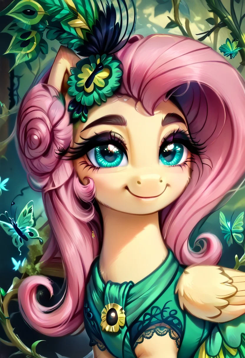 masterpiece, score_9, score_8_up, score_7_up, score_6_up, (best quality:1.1), ultra-detailed, high resolution, (solo), (1WOMAN), (FERAL PONY), (PEGASUS PONY), (FLUTTERSHY) ((light pink hair:1.4)), (highly detailed hair:1.4), (green feather hair accessory:1.4), (highly detailed pony face:1.5), (beautiful detailed turquoise eyes:1.5), (soft smile:1.5), (wide cute innocent eyes:1.5), (long lashes eyelashes:1.5), (detailed pony nuzzle:1.5), (detailed pony ears:1.5), (light yellow shiny skin:1.5),(green peacock feather dress:1.5), (detailed golden lighting:1.5), (green feather peacock background:1.5), (green butterflies background:1.5), (green vine leafs framing the image:1.5), (green feathers all around:1.4), (dynamic pose:1.5), (golden lighting:1.5), high quality, sharp, the quality of ai art is frightening, highly detailed, Highly Visible, sharp focus, high detail, detailed background