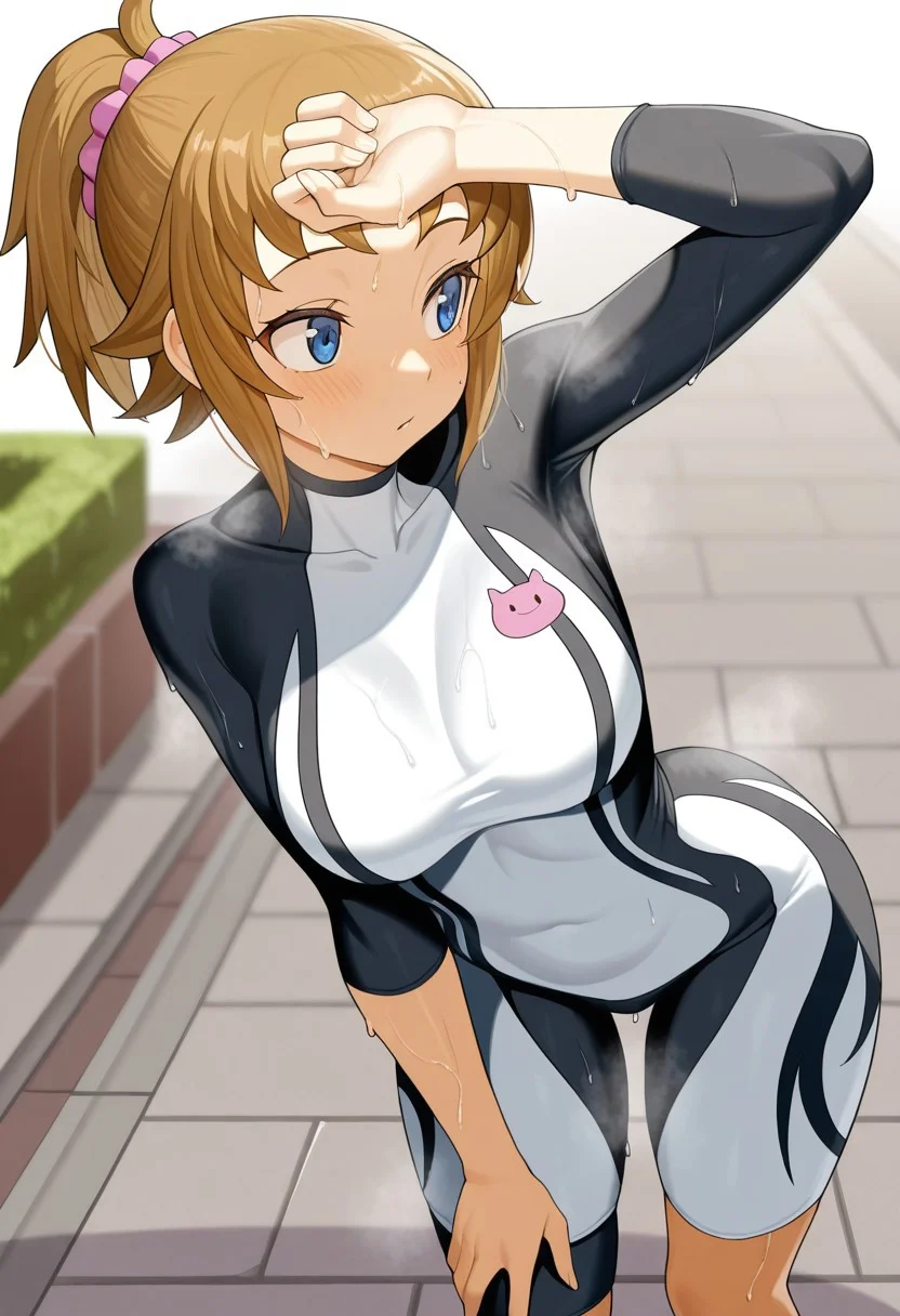 masterpiece,best quality,amazing quality, gbf_fumina, 1girl, brown hair, high ponytail, sidelocks, pink scrunchie, blue eyes, fmnEd1Def, black and white bodysuit, pink emblem, leaning forwards, sweaty, looking to side, steaming body, sidewalk, arm on forehead,